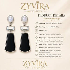 Product details card for silver black pearl crystal earrings