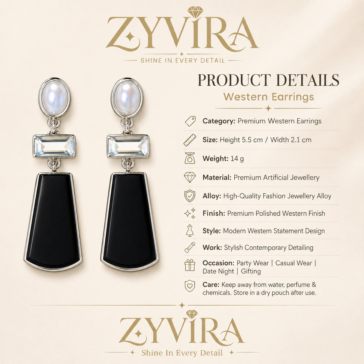 Product details card for silver black pearl crystal earrings