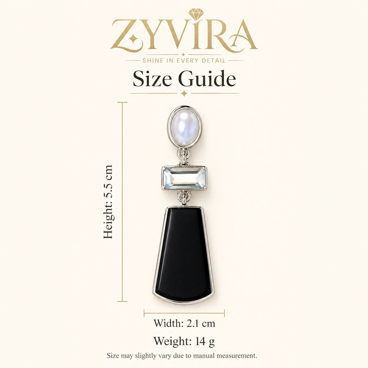 Size guide showing the proportions of silver black pearl earrings