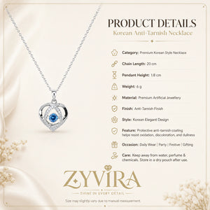 Product details card for the silver blue crystal heart necklace
