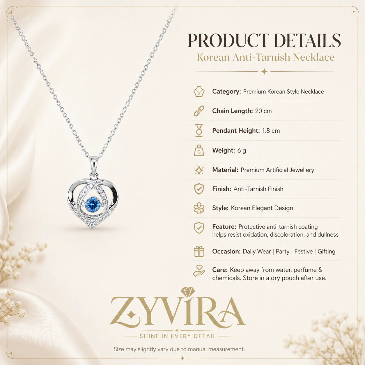 Product details card for the silver blue crystal heart necklace