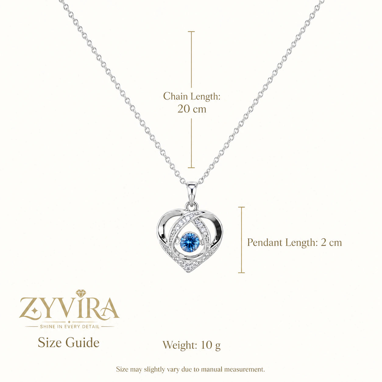 Size guide showing the proportions of the blue crystal heart necklace