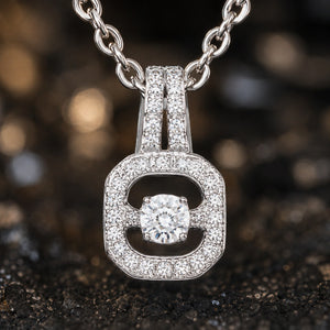 Angled view of the silver crystal halo pendant necklace