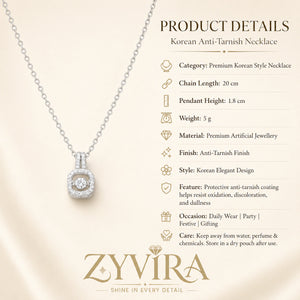 Product details card for the silver crystal halo pendant necklace