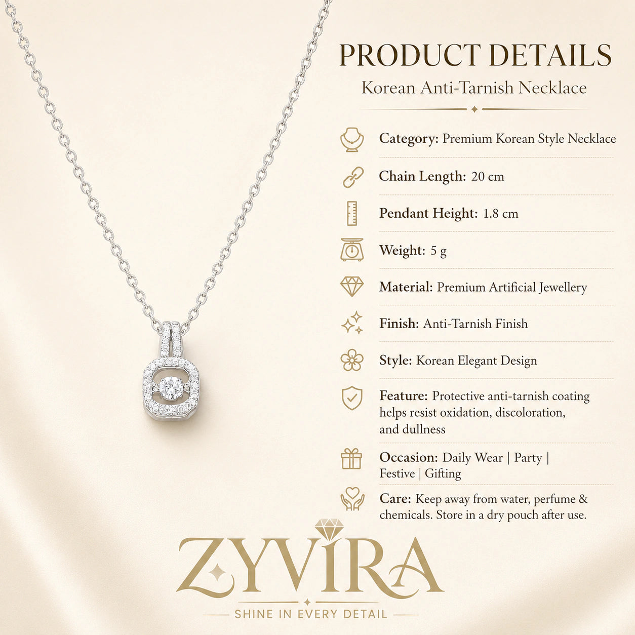 Product details card for the silver crystal halo pendant necklace