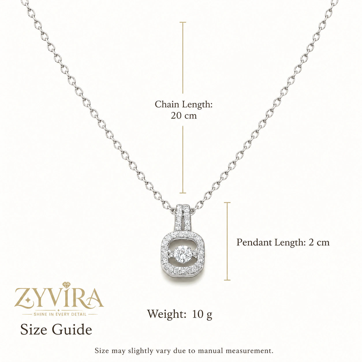 Size guide showing the proportions of the crystal halo pendant necklace