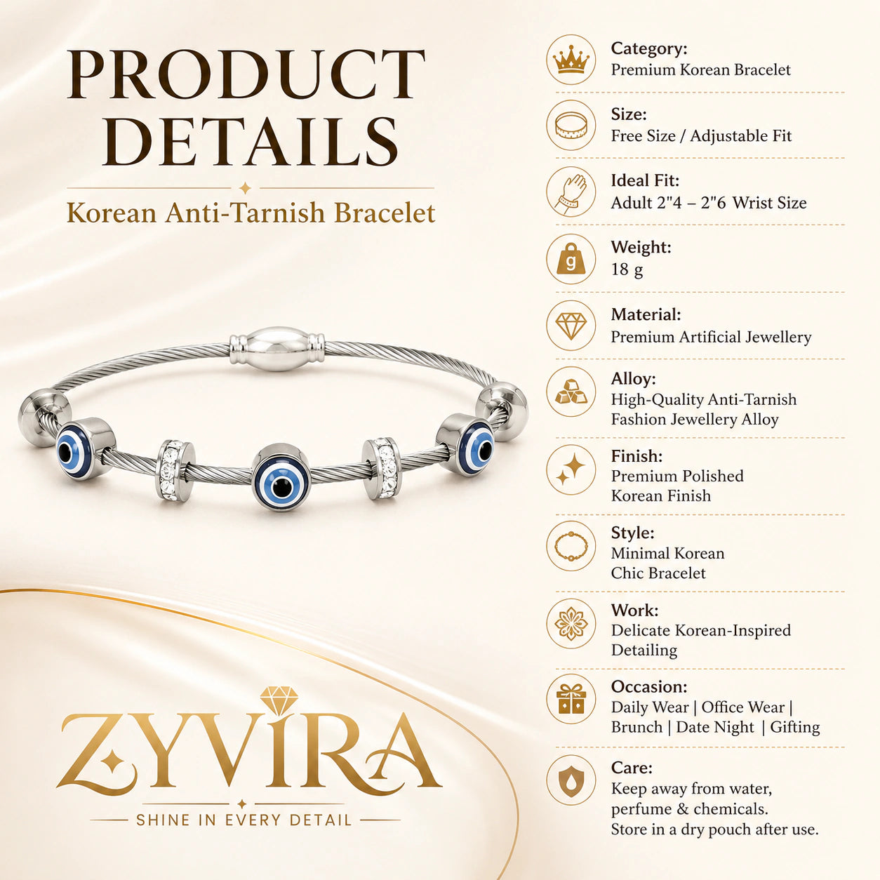 Silver evil-eye charm bracelet styled in an elegant jewellery flat lay
