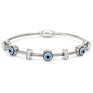 Silver-tone twisted cable evil-eye crystal charm bracelet