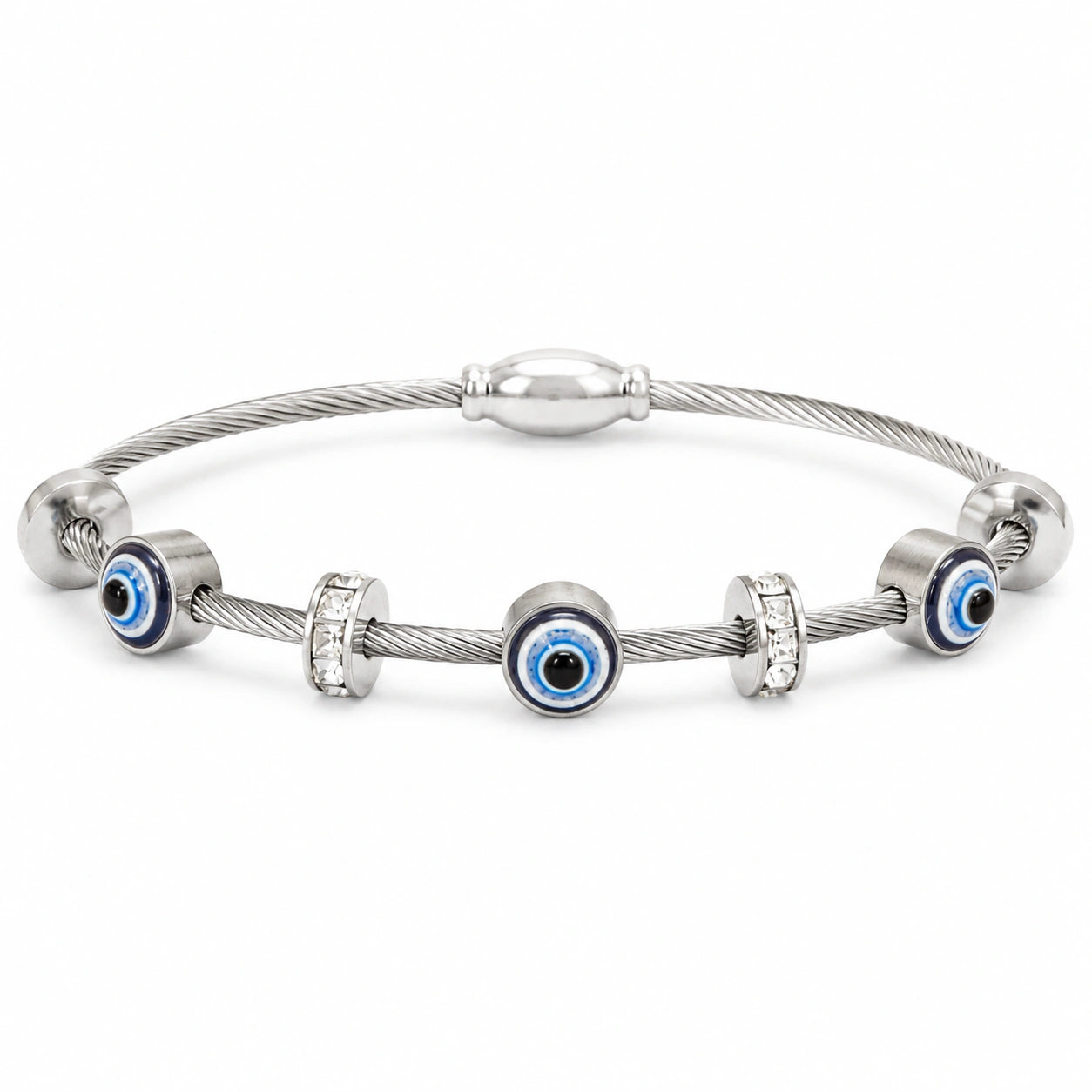 Silver-tone twisted cable evil-eye crystal charm bracelet