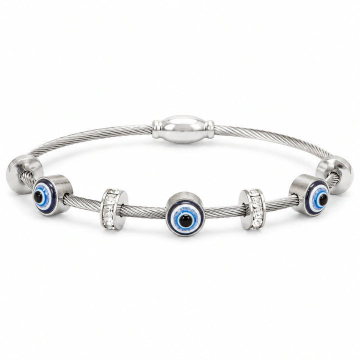 Silver-tone twisted cable evil-eye crystal charm bracelet