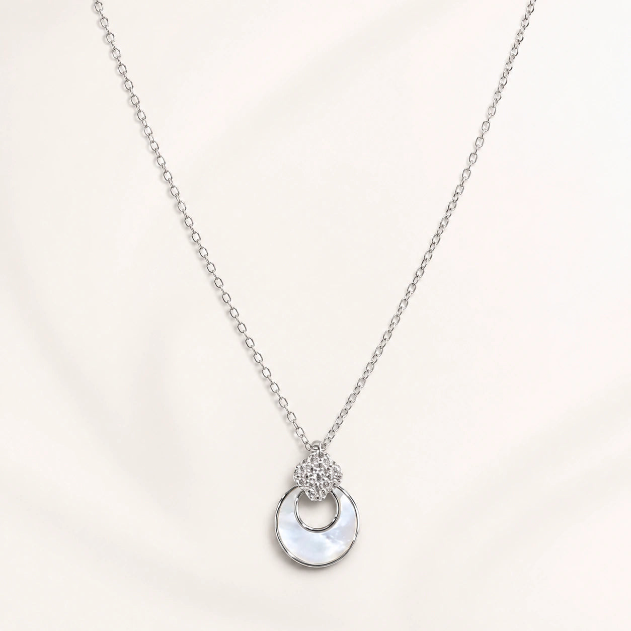 Alternate product view of the silver floral crystal halo necklace