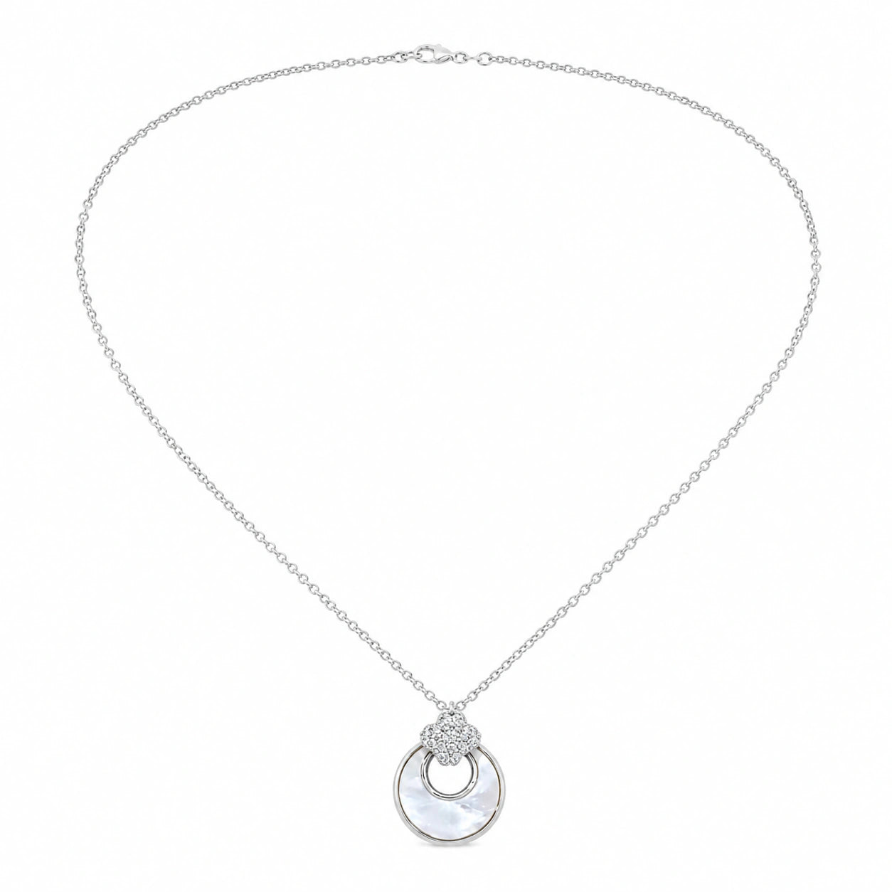 Silver floral crystal halo necklace on a dark jewellery studio display