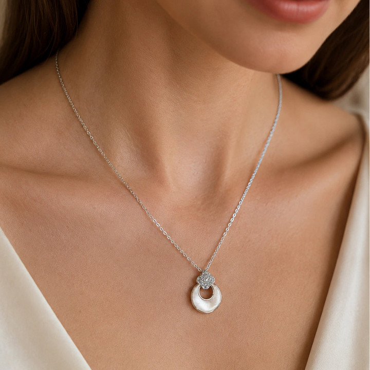 Korean-style silver crystal floral halo pendant necklace