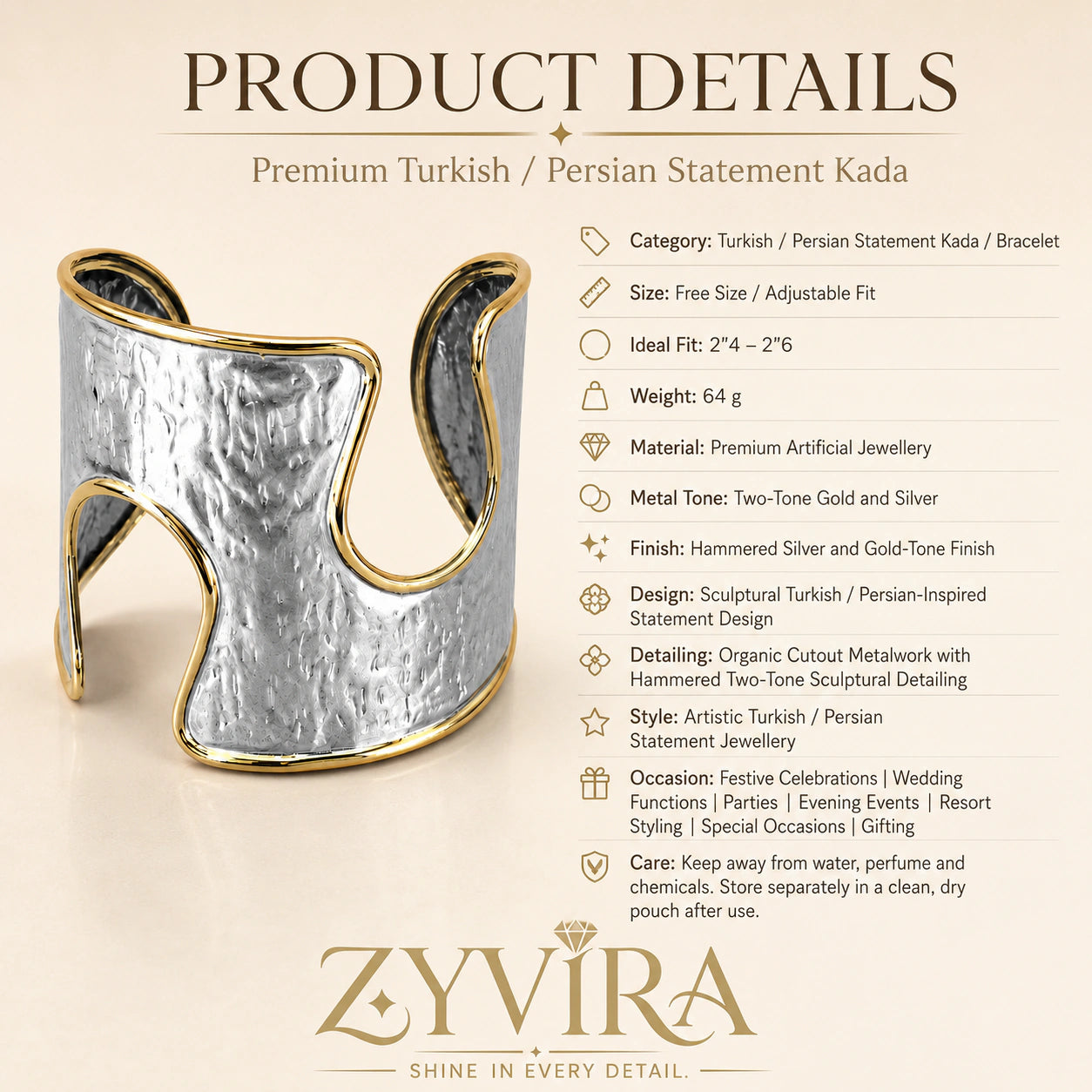Silver-and-gold hammered kada styled in an elegant jewellery flat lay