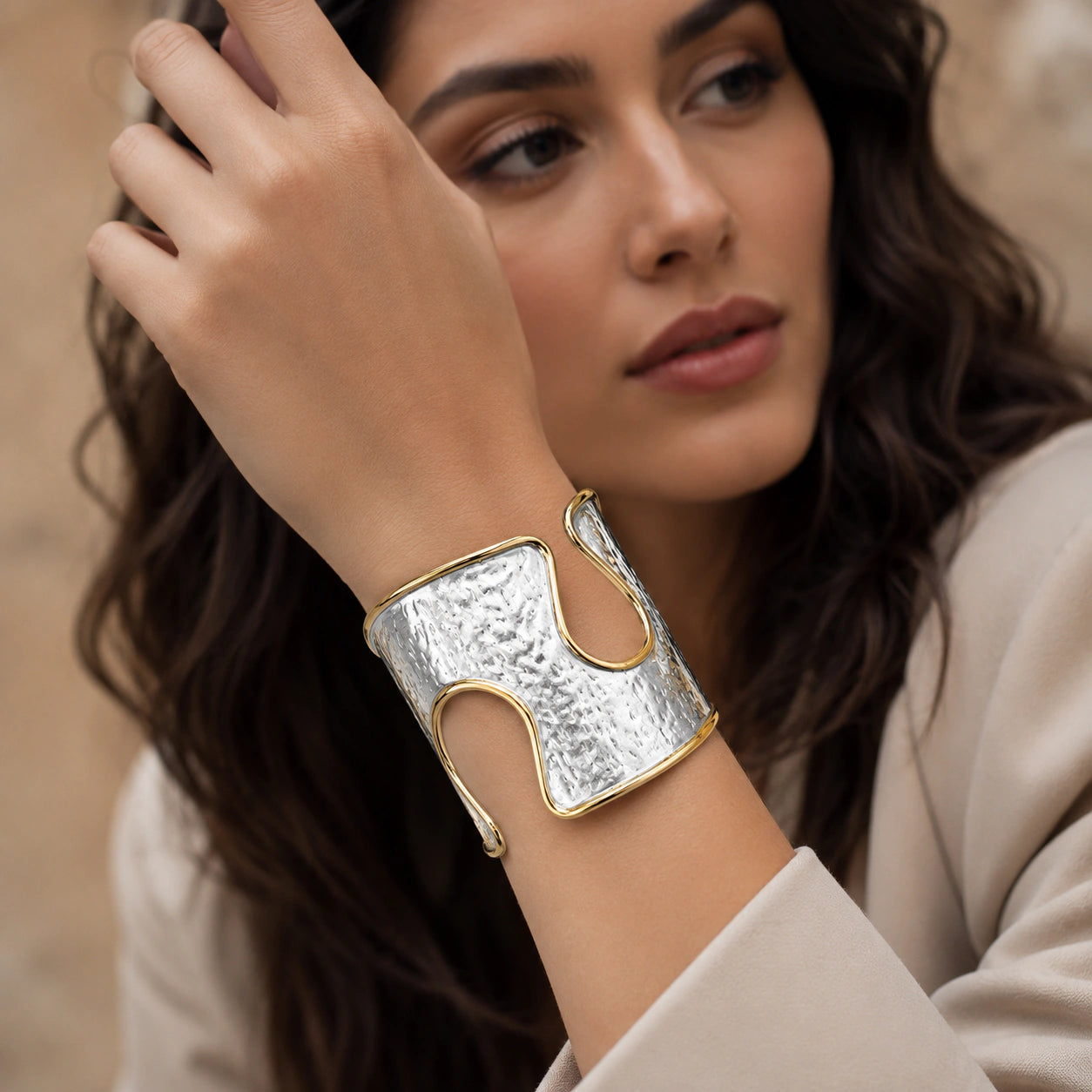 Silver-gold hammered wave cutout Turkish cuff kada bracelet