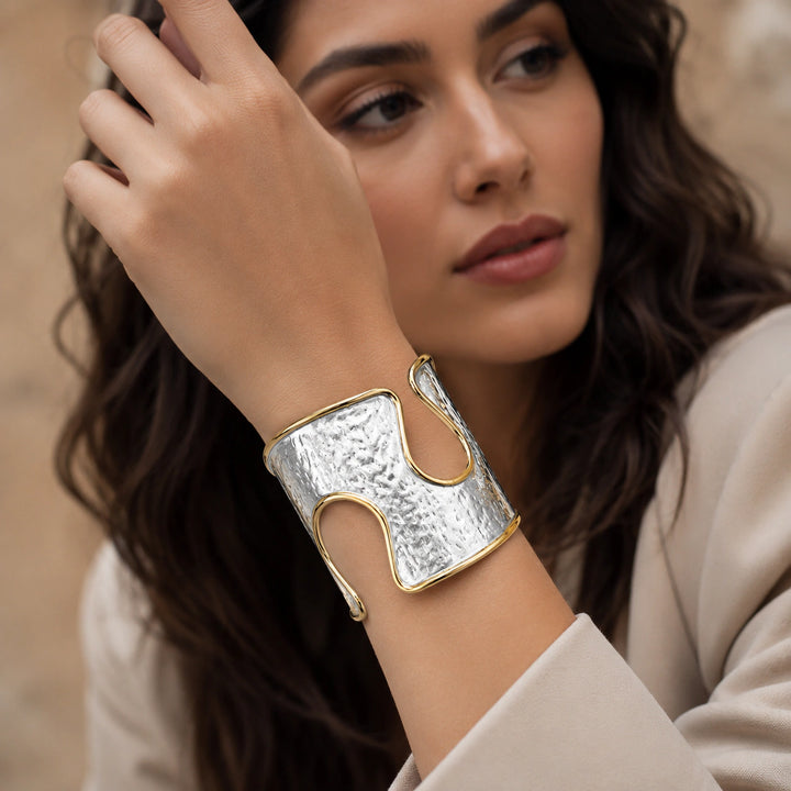 Silver-gold hammered wave cutout Turkish cuff kada bracelet