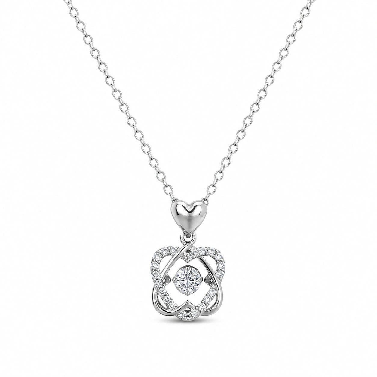 Alternate product view of the silver interwoven heart necklace