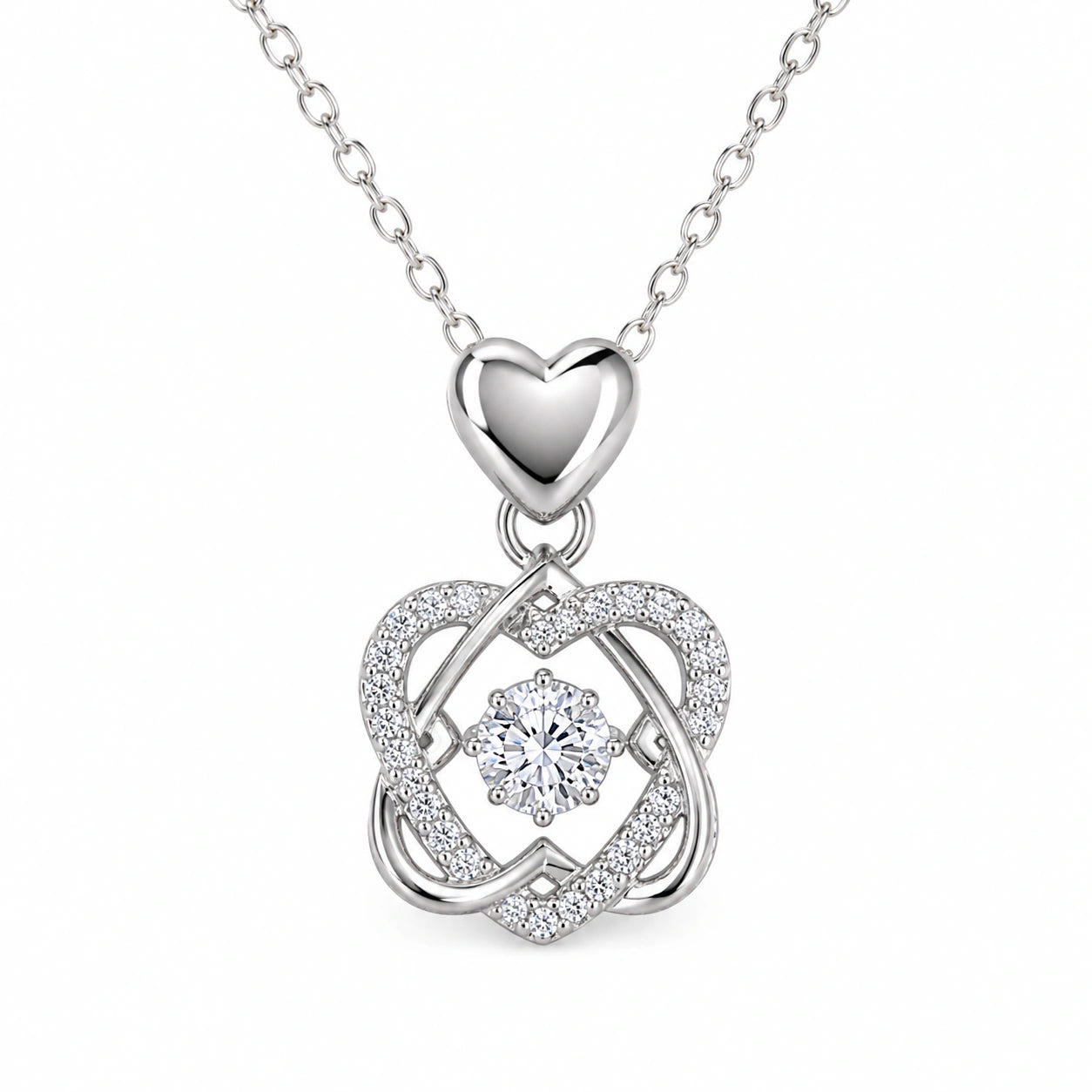 Korean-style silver interwoven heart crystal pendant necklace