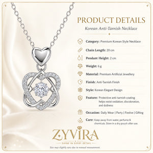 Product details card for the silver interwoven heart necklace