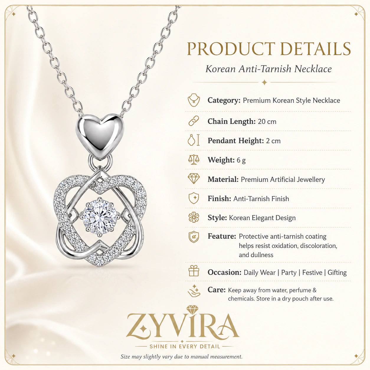 Product details card for the silver interwoven heart necklace