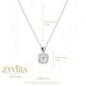 Size guide showing the proportions of the interwoven heart necklace