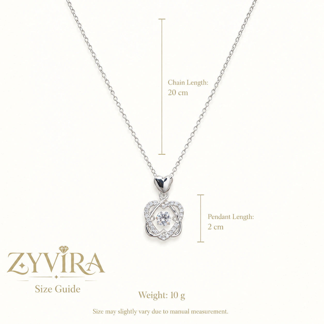 Size guide showing the proportions of the interwoven heart necklace