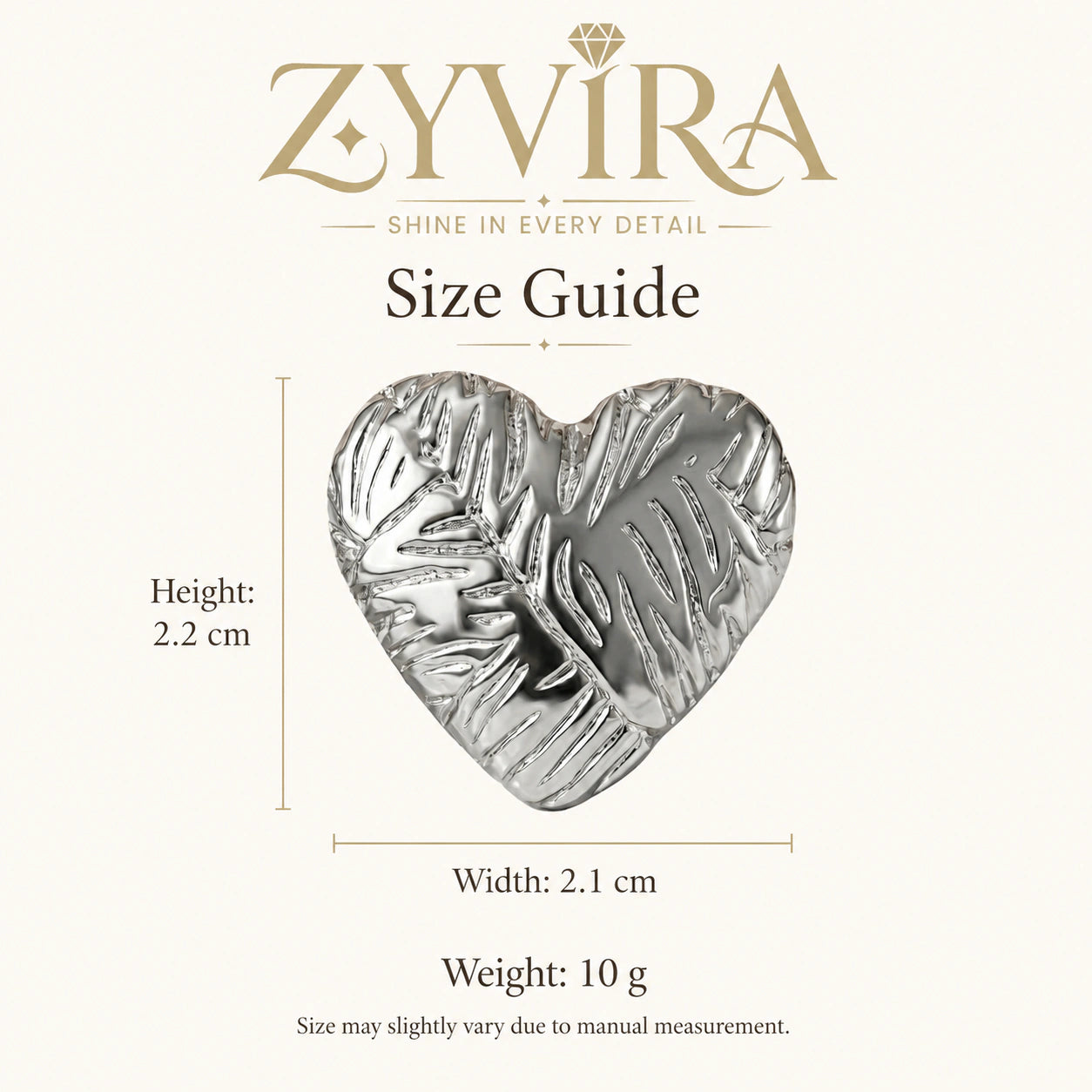 Size guide showing the proportions of leaf relief heart studs