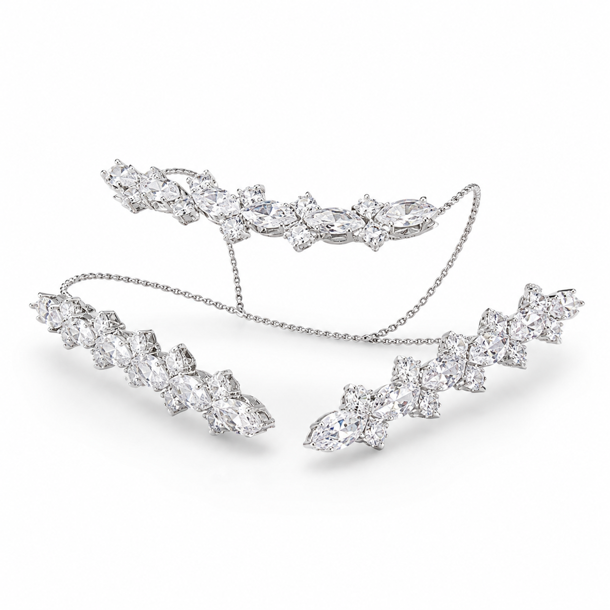 Side view of the silver marquise-cluster handcuff bracelet