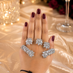 Angled view of the silver marquise-leaf handcuff