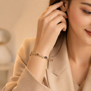 Angled view of the silver multicolour tulip bracelet