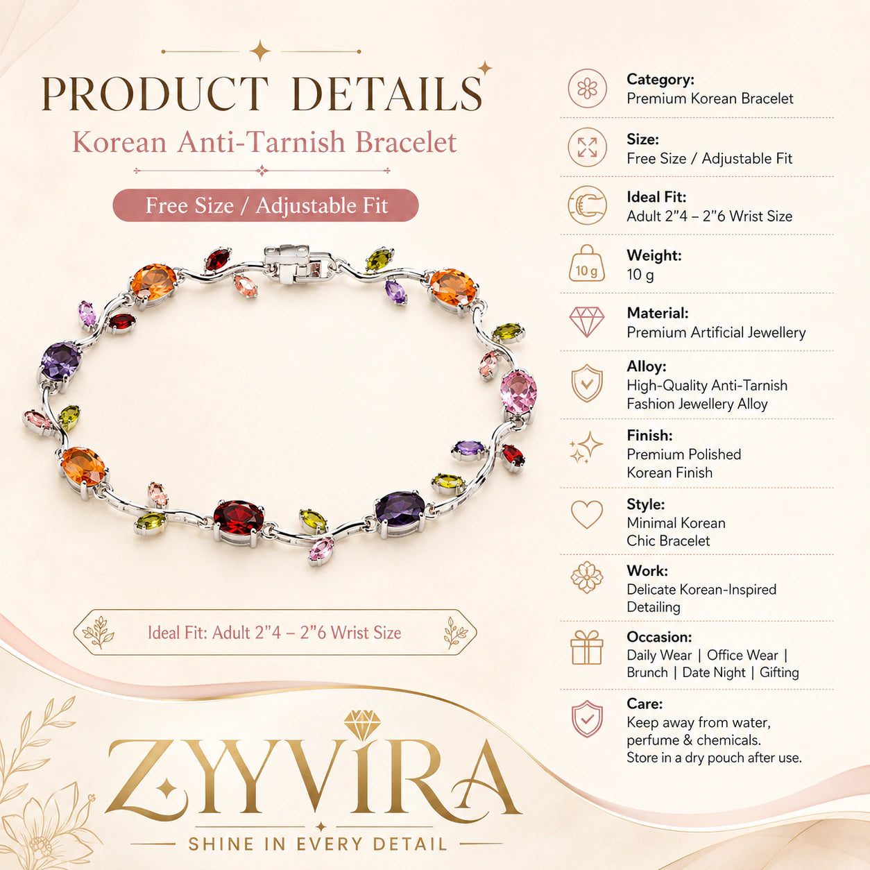 Silver multicolour tulip bracelet styled in an elegant jewellery flat lay