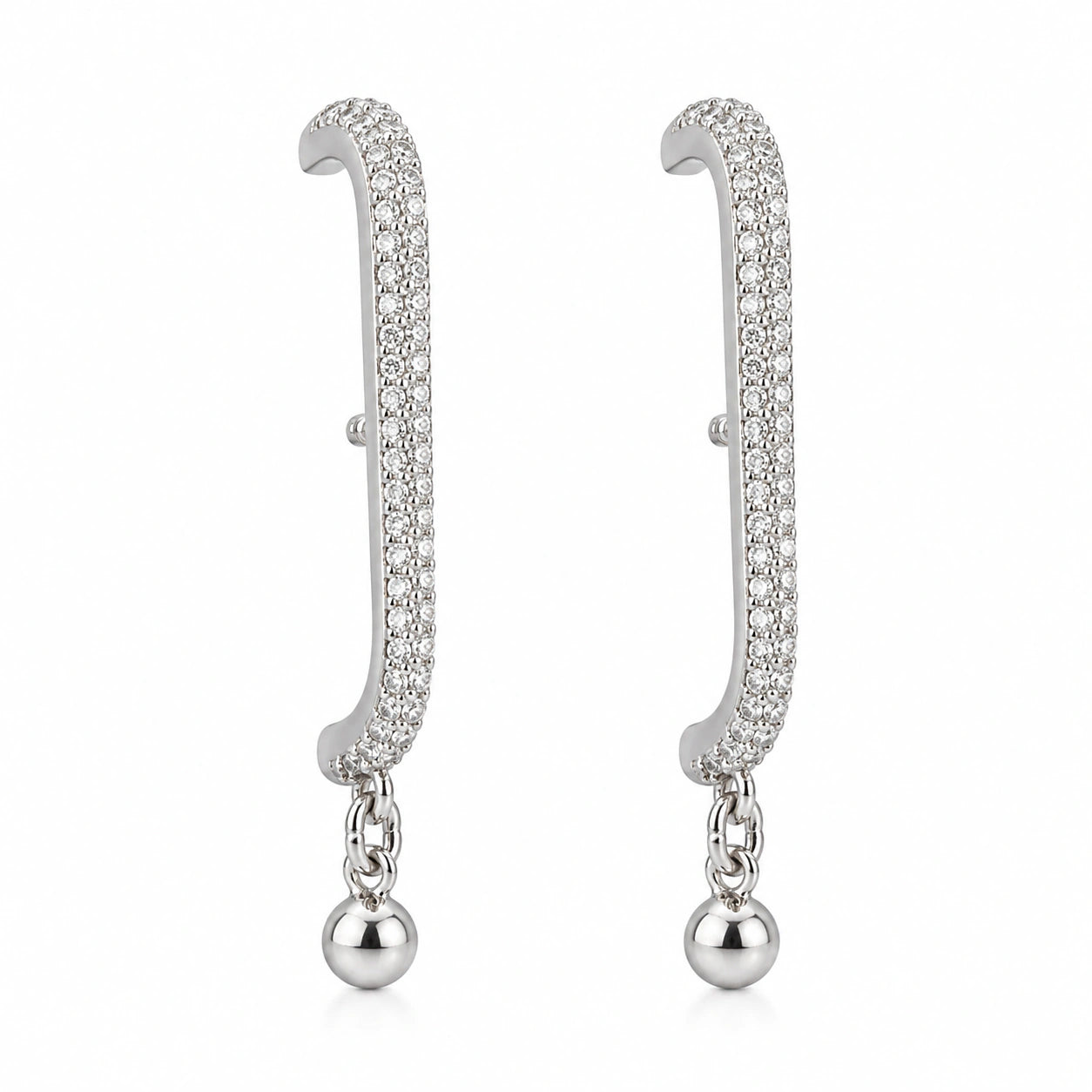 Close-up of pavé-style curved bars and ball-drop detailing