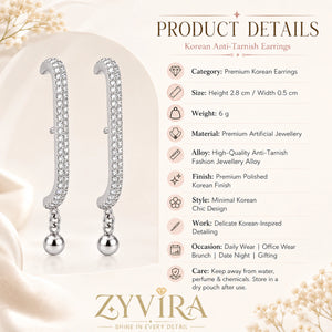 Product details card for silver pavé curved-bar ball earrings