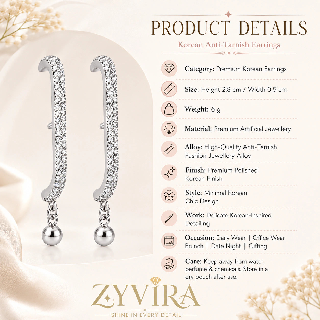 Product details card for silver pavé curved-bar ball earrings