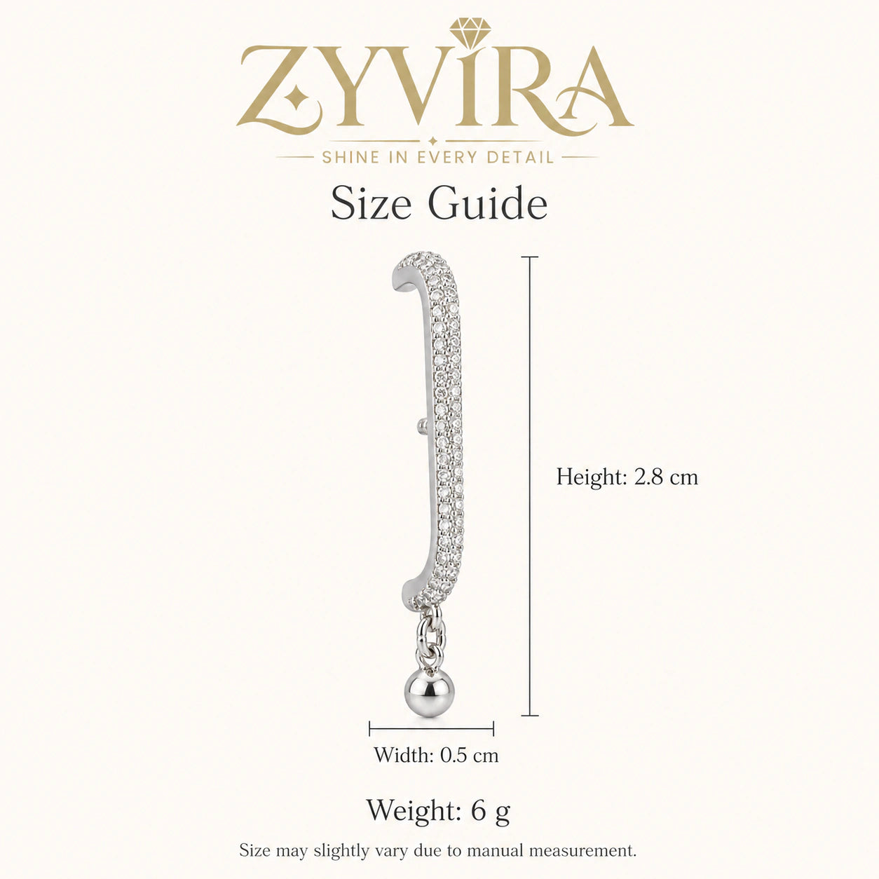 Size guide showing the proportions of curved-bar ball earrings