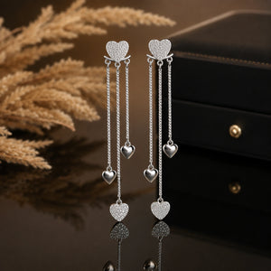 Silver pavé heart triple-chain dangle earrings