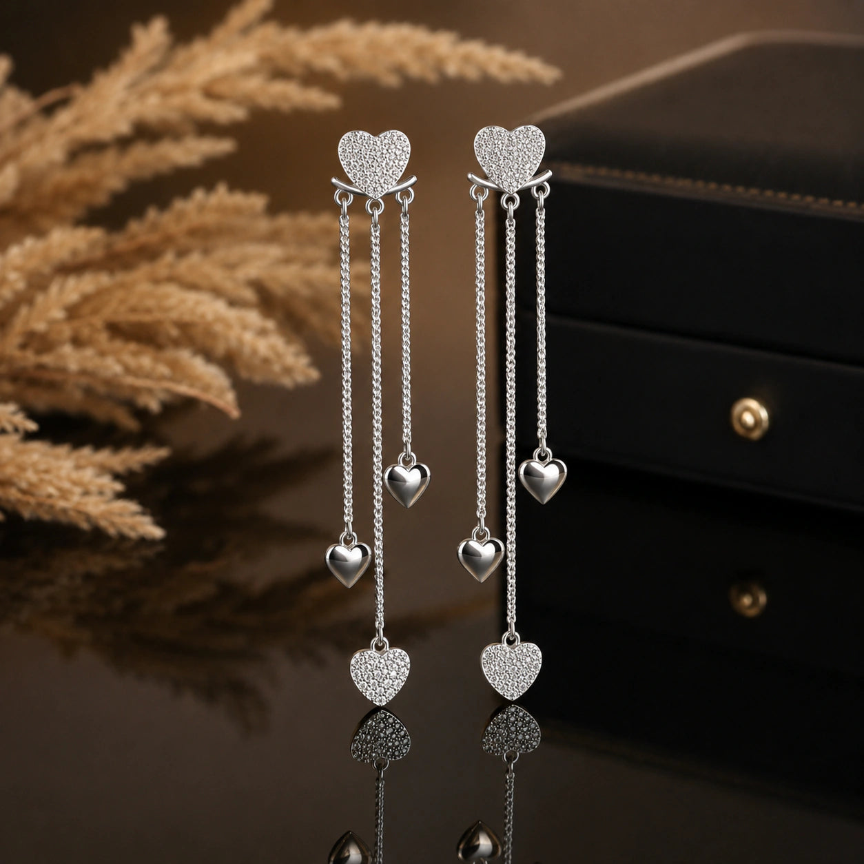 Silver pavé heart triple-chain dangle earrings