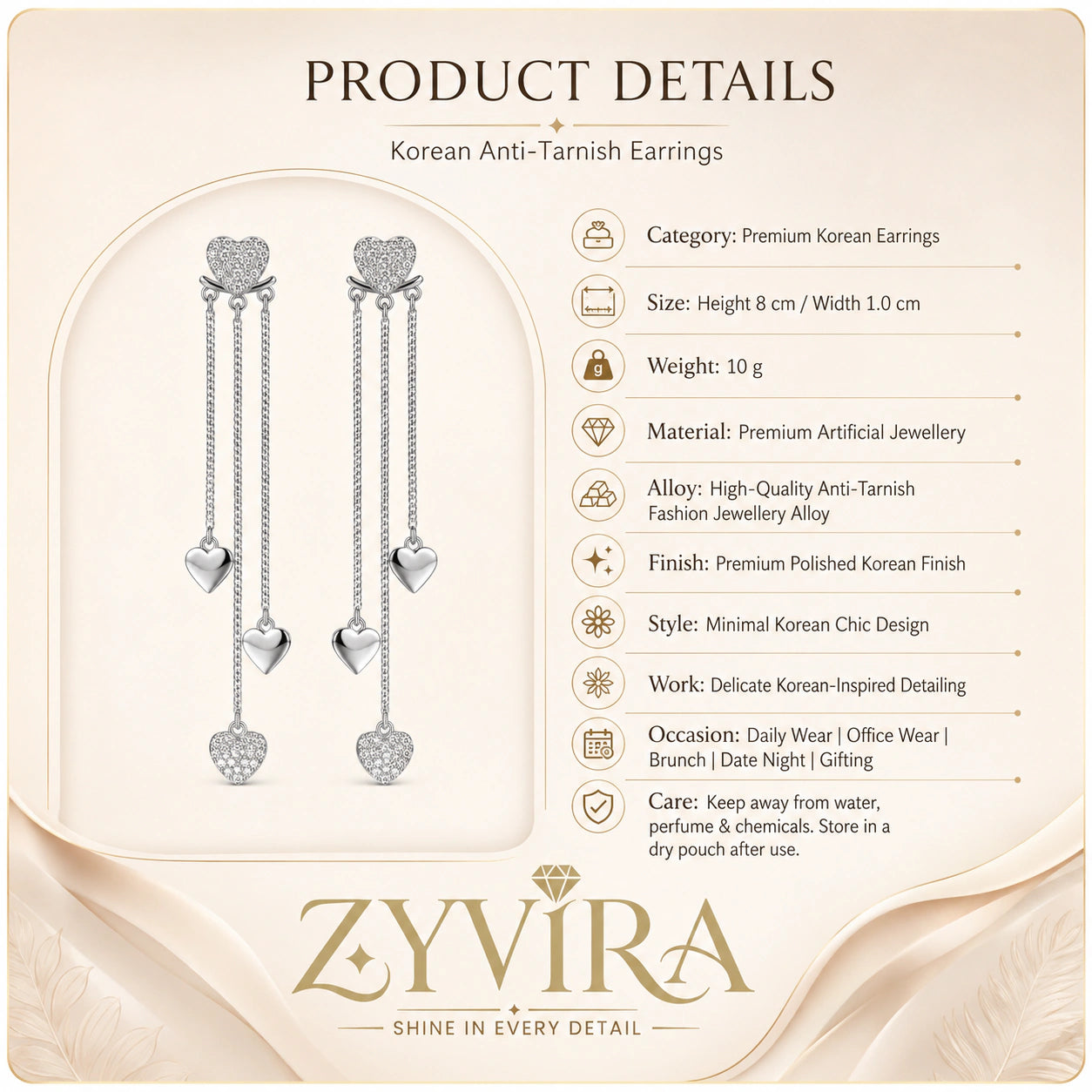 Product details card for silver pavé heart triple-chain earrings