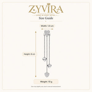 Size guide showing the proportions of heart triple-chain earrings