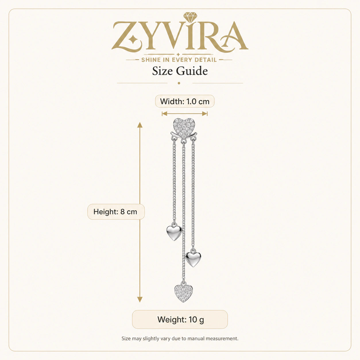 Size guide showing the proportions of heart triple-chain earrings