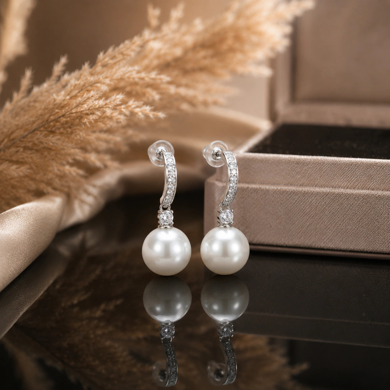 Close-up of pearl-style drops and crystal detailing