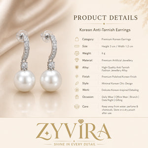 Product details card for silver pearl crystal-style drop earrings