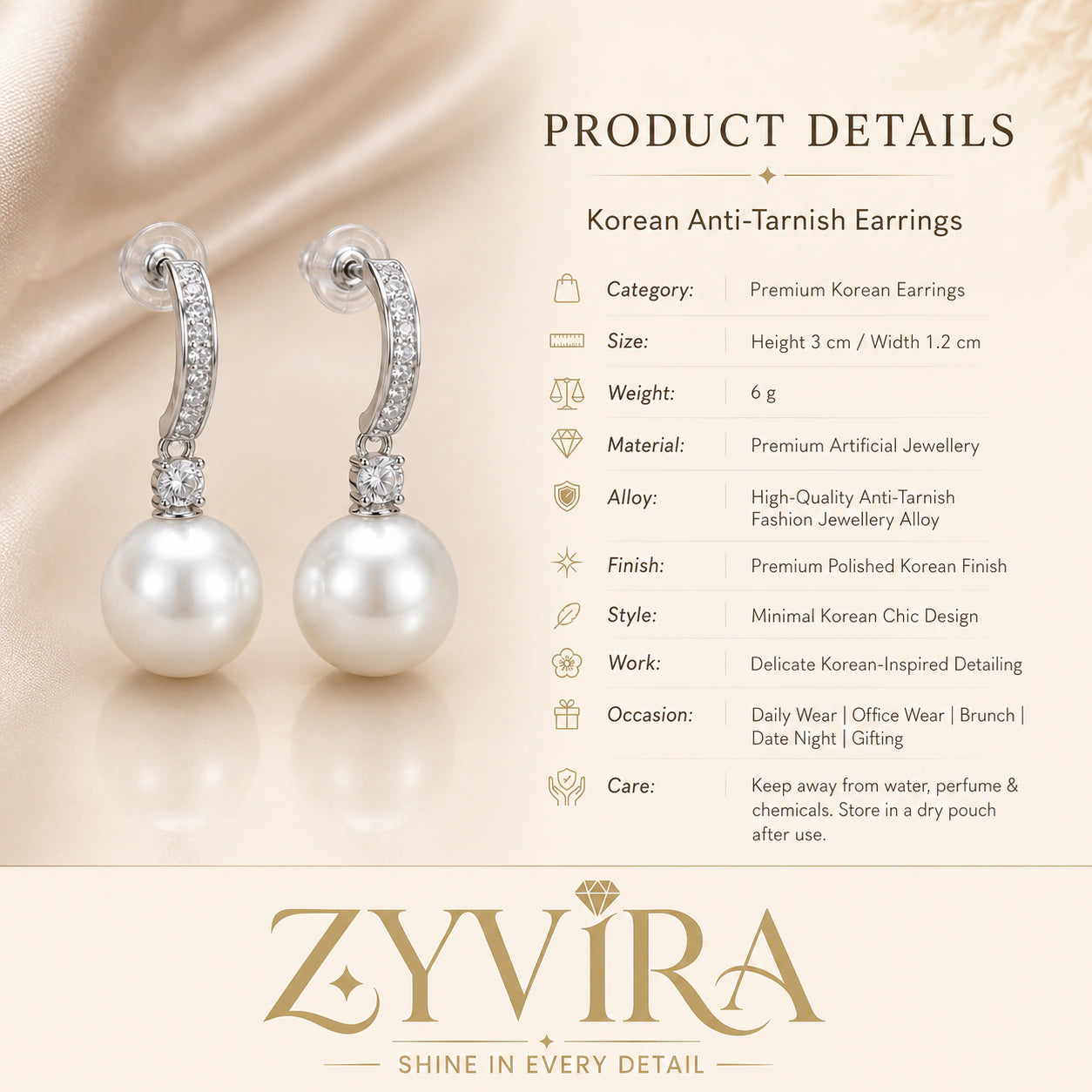 Product details card for silver pearl crystal-style drop earrings