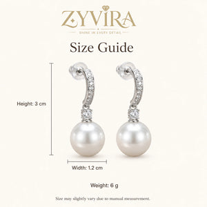 Size guide showing the proportions of silver pearl drop earrings