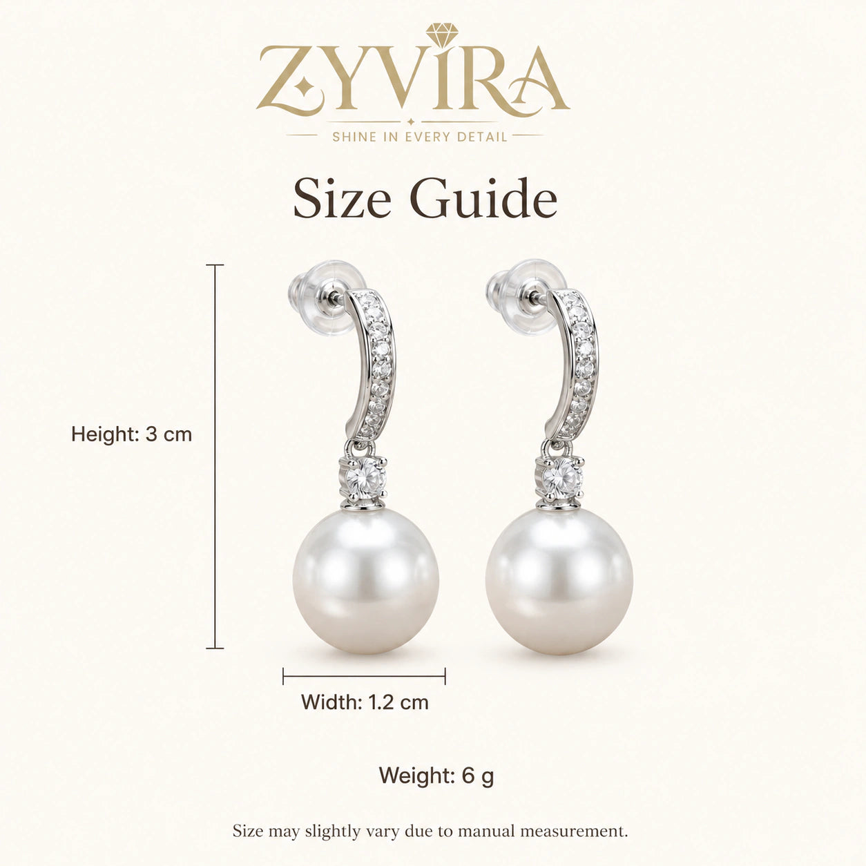 Size guide showing the proportions of silver pearl drop earrings