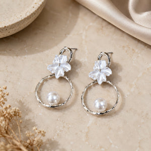 Alternate detail view of silver pearl floral hoop earrings
