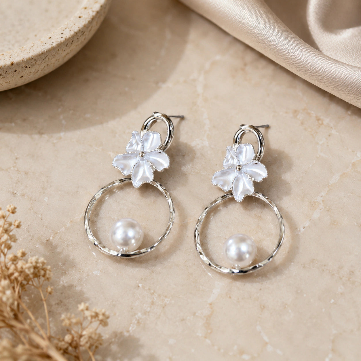 Alternate detail view of silver pearl floral hoop earrings