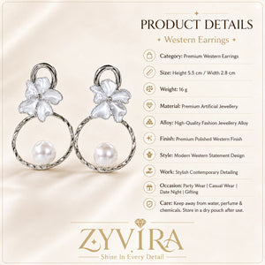 Product details card for silver pearl floral hoop earrings