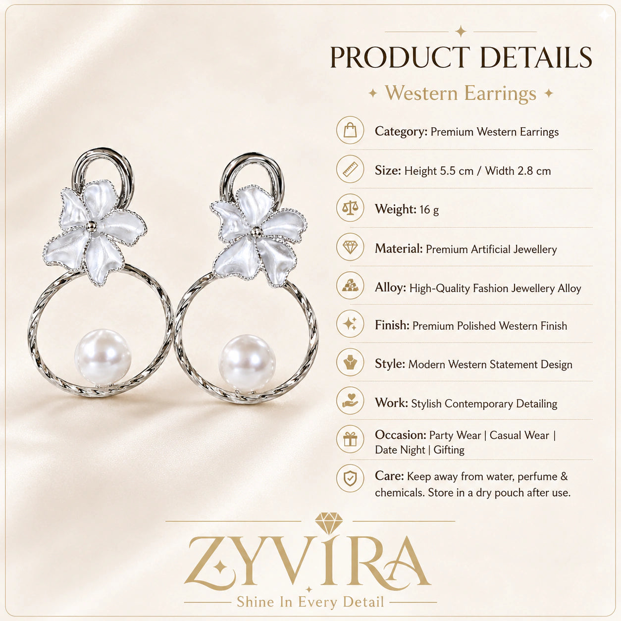 Product details card for silver pearl floral hoop earrings