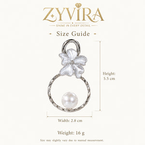 Size guide showing the proportions of silver floral pearl hoops